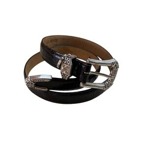 Brighton Women Animal Embossed Leather Belt Western Silver Buckle Black Size M/L